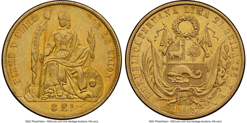 Republic gold 8 Escudos 1863/2 LIMA-YB AU55 NGC, Lima mint, KM183, Fr-68, Onza-2...