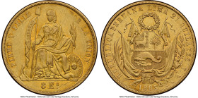 Republic gold 8 Escudos 1863/2 LIMA-YB AU55 NGC, Lima mint, KM183, Fr-68, Onza-2103. A minimally available type and the last date for the series befor...