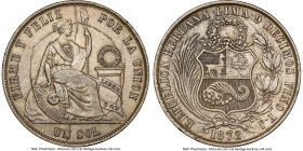 Republic Sol 1872-YJ AU55 NGC, Lima mint, KM196.3. A series of most unusual die cracks on the obverse, nearly forming an inner concentric circle to th...