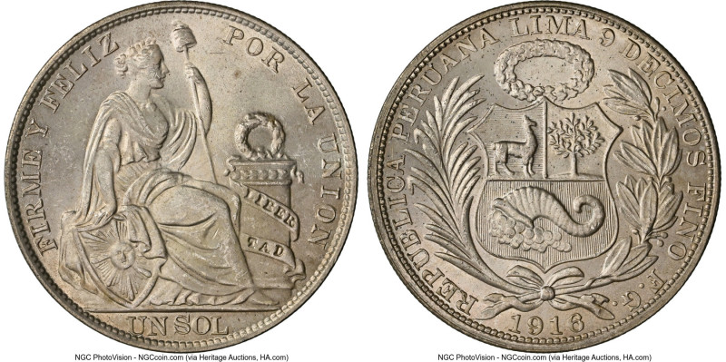 Republic Sol 1916 LIMA-FG MS63 NGC, Lima mint, KM196.27, Elizondo-233. "LIBERTAD...