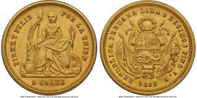Republic gold 5 Soles 1863 LIMA-YB MS62 NGC, Lima mint, KM192, Fr-72. An attractive and fleeting one-year type, and one not seen approaching Choice Mi...