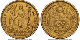 Republic gold 10 Soles 1863 LIMA-YB AU58 NGC, Lima mint, KM193, Fr-71. A thoroughly pleasing example of this single-year issue, certified on the verge...