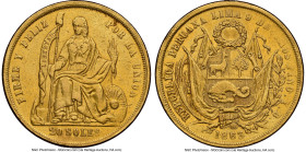 Republic gold 20 Soles 1863 LIMA-YB AU Details (Removed From Jewelry) NGC, Lima mint, KM194, Fr-70. An expansive representative from a fleeting series...