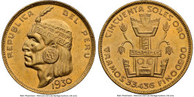 Republic gold "Inca" 50 Soles 1930 MS62 NGC, Lima mint, KM219, Fr-77. Mintage: 5,584. A popular first year of the series, here preserved near a Choice...