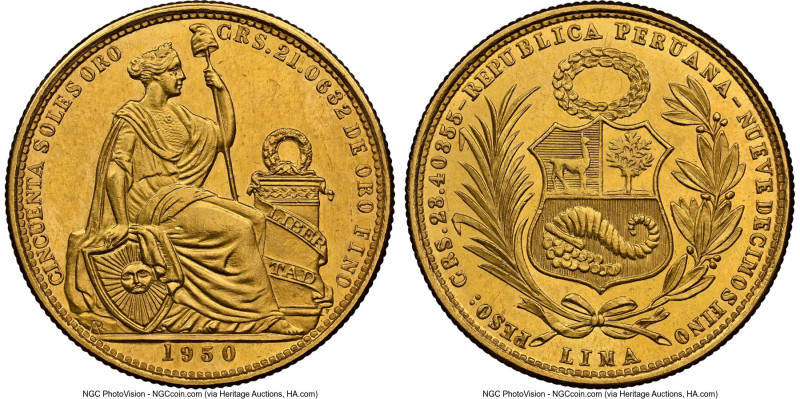 Republic gold 50 Soles 1950 MS63 NGC, Lima mint, KM230, Fr-79. A handsome specim...