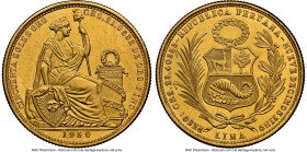 Republic gold 50 Soles 1950 MS63 NGC, Lima mint, KM230, Fr-79. A handsome specimen imbued with semi-Prooflike appearances and pervasive, deep golden r...