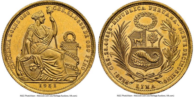 Republic gold 50 Soles 1951 MS64 NGC, Lima mint, KM230, Fr-79. Virtually Gem and...