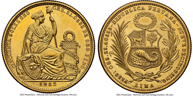 Republic gold 50 Soles 1952 MS64 NGC, Lima mint, KM230, Fr-79. Mintage: 1,201. A...