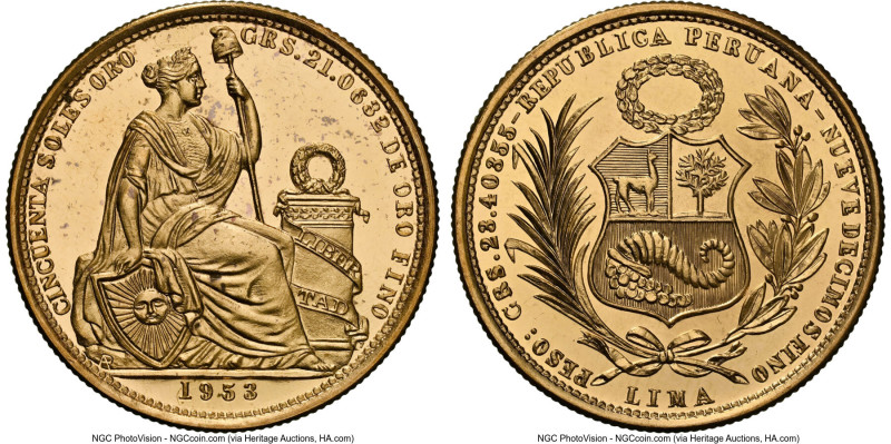 Republic gold 50 Soles 1953 MS65 Prooflike NGC, Lima mint, KM230. An especially ...