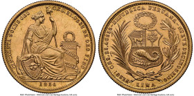 Republic gold 50 Soles 1954 MS65 NGC, Lima mint, KM230, Fr-79. Mintage: 1,839. An astounding and satiny survivor tied for the finest between both grad...