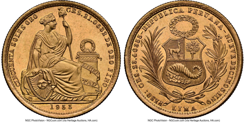 Republic gold 50 Soles 1955 MS65 NGC, Lima mint, KM230, Fr-79. Mintage: 1,898. O...