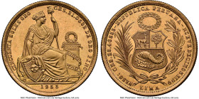 Republic gold 50 Soles 1955 MS65 NGC, Lima mint, KM230, Fr-79. Mintage: 1,898. Originality abounds this Gem survivor, laden with honeyed tone and defi...
