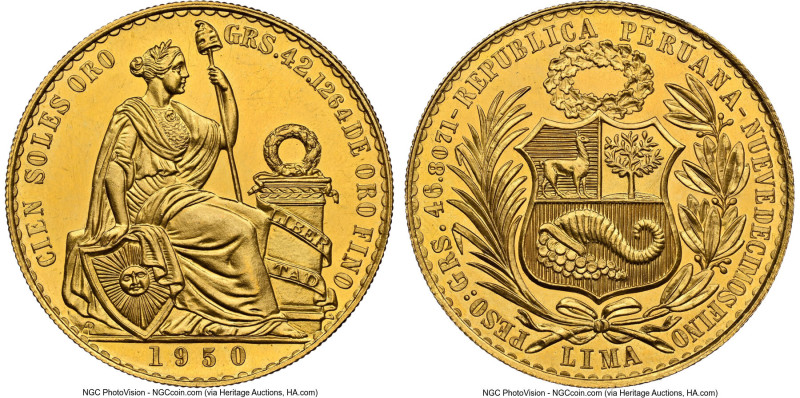 Republic gold 100 Soles 1950 MS64 NGC, Lima mint, KM231, Fr-78. Mintage: 1,176. ...