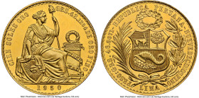 Republic gold 100 Soles 1950 MS64 NGC, Lima mint, KM231, Fr-78. Mintage: 1,176. An appreciable near-Gem example from the first year of this iconic typ...