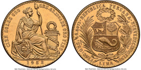 Republic gold 100 Soles 1953 MS65 NGC, Lima mint, KM231, Fr-78. Mintage: 498. An incredibly low-mintage emission from a series whose star has risen dr...