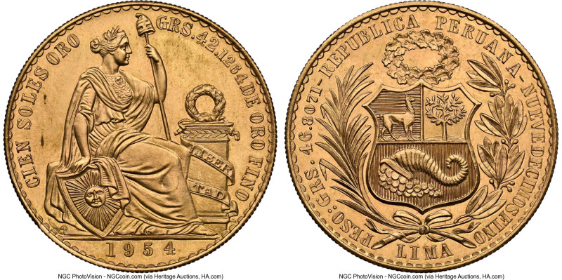 Republic gold 100 Soles 1954 MS64 NGC, Lima mint, KM231, Fr-78 Mintage: 1,808. B...