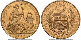Republic gold 100 Soles 1954 MS64 NGC, Lima mint, KM231, Fr-78 Mintage: 1,808. Blessed with honeyed expanses and resounding luster, this near-Gem spec...