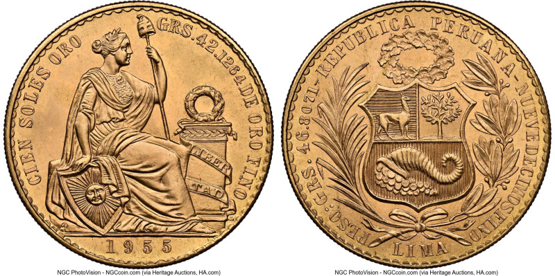 Republic gold 100 Soles 1955 MS65 NGC, Lima mint, KM231, Fr-78. Mintage 901. An ...