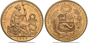 Republic gold 100 Soles 1955 MS65 NGC, Lima mint, KM231, Fr-78. Mintage 901. An incredibly low-mintage modern rarity from the series, where examples a...