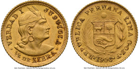 Republic gold 1/5 Libra 1906-GOZF MS64 NGC, Lima mint, KM210. Ranking in the upper echelons of the certified population. Accompanied by the original c...