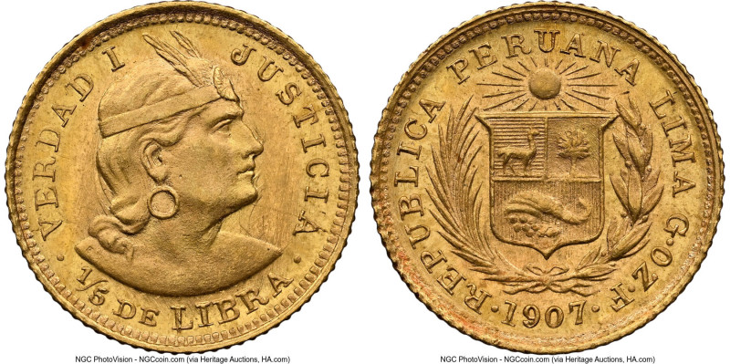 Republic gold 1/5 Libra 1907-GOZF MS64 NGC, Lima mint, KM210. A brilliant repres...