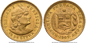 Republic gold 1/5 Libra 1907-GOZF MS64 NGC, Lima mint, KM210. A brilliant representative of this often underappreciated type. Accompanied by the origi...