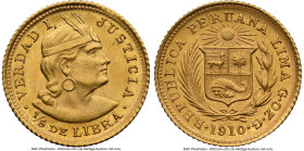 Republic gold 1/5 Libra 1910-GOZG MS64 NGC, Lima mint, KM210. Virtually Gem Mint State and bested by a single example one point finer. Accompanied by ...