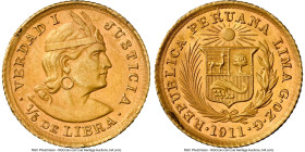 Republic gold 1/5 Libra 1911-GOZG UNC Details (Mount Removed) NGC, Lima mint, KM210, Fr-75. Accompanied by the original collector envelope. HID0980124...