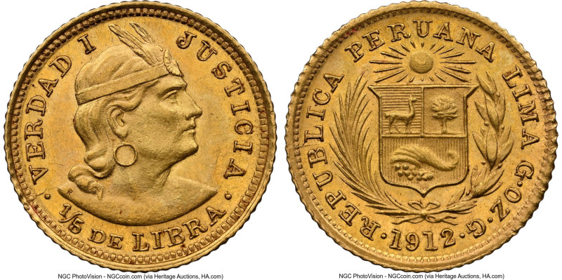 Republic gold 1/5 Libra 1912-GOZG MS63 NGC, Lima mint, KM210. One of just a hand...
