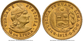 Republic gold 1/5 Libra 1912-GOZG MS63 NGC, Lima mint, KM210. One of just a handful currently certified by either grading service. Accompanied by the ...
