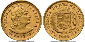 Republic gold 1/5 Libra 1914-POZG MS63 NGC, Lima mint, KM210. Accompanied by the original collector envelope. HID09801242017 © 2024 Heritage Auctions ...