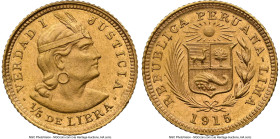 Republic gold 1/5 Libra 1915 MS64 NGC, Lima mint, KM210. A difficult, low-mintage specimen witnessed here approaching a coveted Gem preservation. One ...