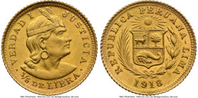 Republic gold 1/5 Libra 1918 MS65 NGC, Lima mint, KM210. Another lower-mintage date from this often overlooked series, tied for the finest with a sing...