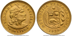 Republic gold 1/5 Libra 1920 MS65 NGC, Lima mint, KM210. A top-tier representative bested by just a single other at NGC. HID09801242017 © 2024 Heritag...