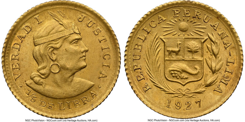 Republic gold 1/5 Libra 1927 MS64 NGC, Lima mint, KM210. Accompanied by the orig...