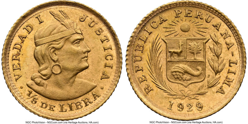 Republic gold 1/5 Libra 1929 MS65 NGC, Lima mint, KM210. A resplendent specimen ...