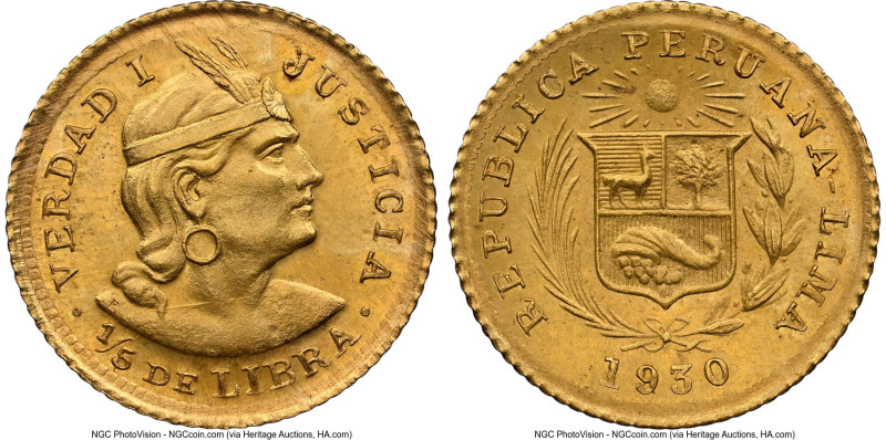 Republic gold 1/5 Libra 1930 MS64 NGC, Lima mint, KM210. Accompanied by the orig...