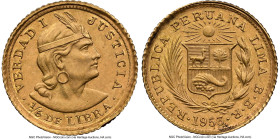 Republic gold 1/5 Libra 1953-BBR MS63 NGC, Lima mint, KM210. Another sub-10,000 mintage date from this elusive series. Accompanied by the original col...