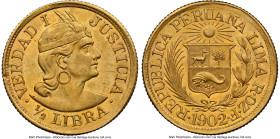 Republic gold 1/2 Libra 1902-ROZF AU58 NGC, Lima mint, KM209. A popular first year of issue for the type blessed with ample visual character that migh...