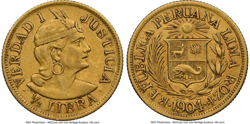 Republic gold 1/2 Libra 1904-ROZF AU50 NGC, Lima mint, KM209. Accompanied by the...