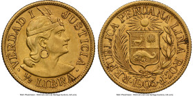 Republic gold 1/2 Libra 1905-ROZF AU55 NGC, Lima mint, KM209. 1 over inverted 1 variety. A seldom-encountered date, let alone with the 1 over inverted...