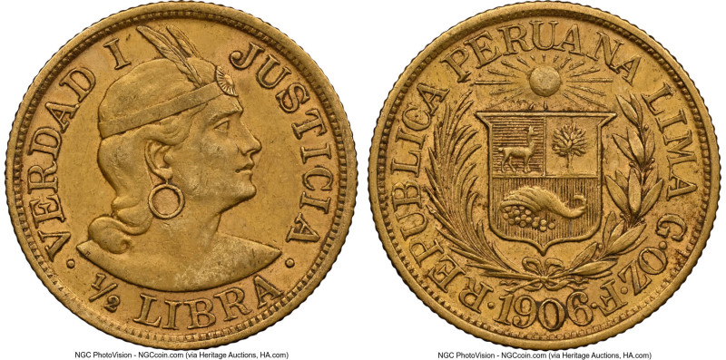 Republic gold 1/2 Libra 1906-GOZF AU55 NGC, Lima mint, KM209. Accompanied by the...