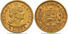 Republic gold 1/2 Libra 1907-GOZG AU58 NGC, Lima mint, KM209. Accompanied by the original collector envelope. HID09801242017 © 2024 Heritage Auctions ...