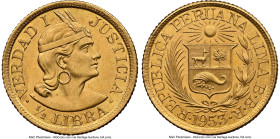Republic gold 1/2 Libra 1953-BBR MS65 NGC, Lima mint, KM209. A prime target for the quality-conscious collector, topping the conditional censuses over...