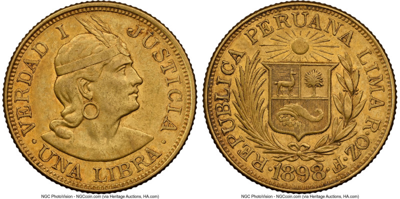 Republic gold Libra 1898-ROZF AU58 NGC, Lima mint, KM207. The first date of issu...