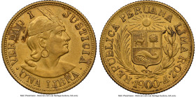 Republic gold Libra 1900-ROZF AU58 NGC, Lima mint, KM207. A minimally available date tied for the second finest of seven currently certified. Accompan...