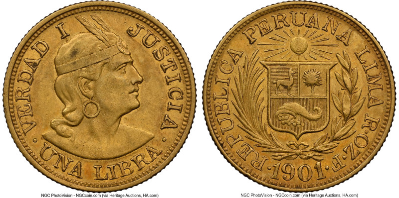 Republic gold Libra 1901-ROZF AU55 NGC, Lima mint, KM207. Accompanied by the ori...