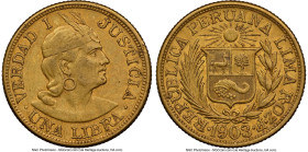 Republic gold Libra 1903-ROZF AU Details (Obverse Scratched) NGC, Lima mint, KM207. Accompanied by the original collector envelope. HID09801242017 © 2...