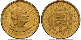 Republic gold Libra 1905-GOZF MS62 NGC, Lima mint, KM207. A prime target for the conditionally-minded collector of the series, here ranking at the sol...