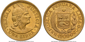 Republic gold Libra 1908-GOZG MS63 NGC, Lima mint, KM207. A thoroughly pleasing example of the type, ranked solely at the peak of the censuses and wor...